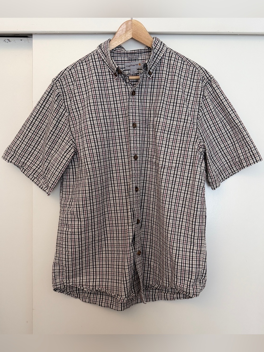 Carhartt Men’s Short Sleeve Button-Down Plaid Shirt - Black, White & Brown